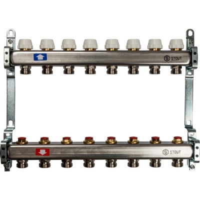 Коллектор Stout из нержавеющей стал с запорными клапанами 1/3/4, 8 выходов (арт.SMS 0922 000008)